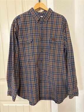 Vintage Y2K Carhartt 2XL Plaid Button Down Work Shirt Blue Brown Cotton